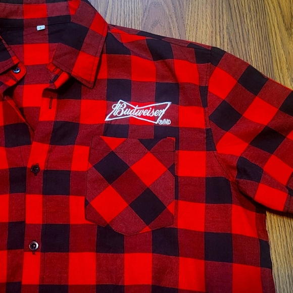 Budweiser button up top t-shirt size L western Black & Red plaid - Picture 2 of 7
